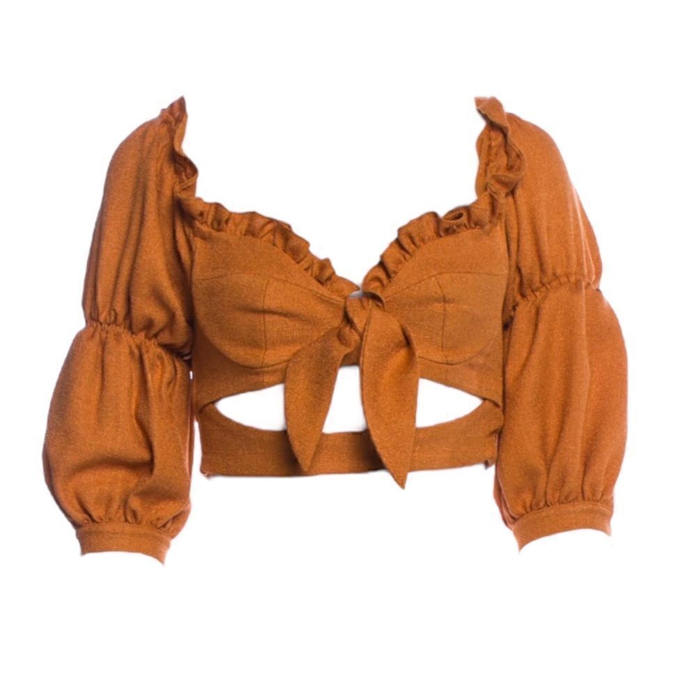 PATBO Three-Quarter Ruffle Sleeve Crop Top with Keyhole Accents |Size:EU34 US2|
